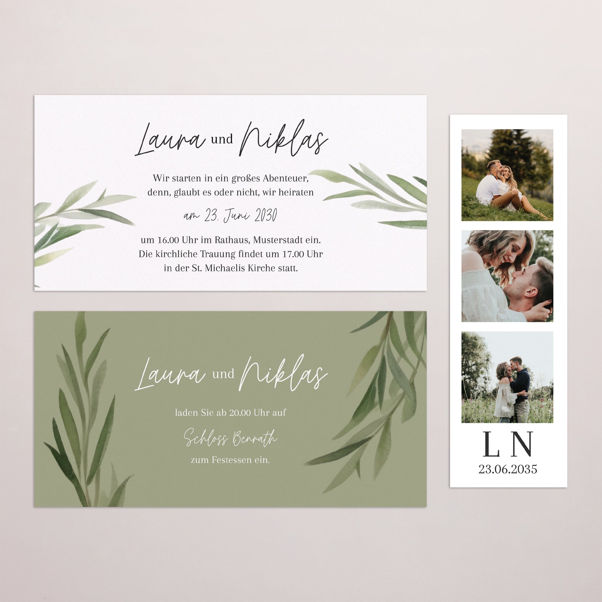 Hochzeitseinladung Rechteckige Tasche, 2 Karten Olivenblätter foto N° 3