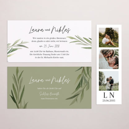 Hochzeitseinladung Rechteckige Tasche, 2 Karten Olivenblätter foto N° 3