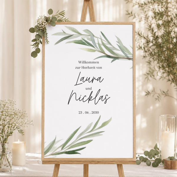 Begrüßungstafel Hochzeit Porträt 60 x 90 cm Olivenblätter foto