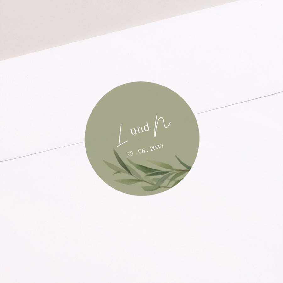 Sticker Hochzeit Rund Olivenblätter foto