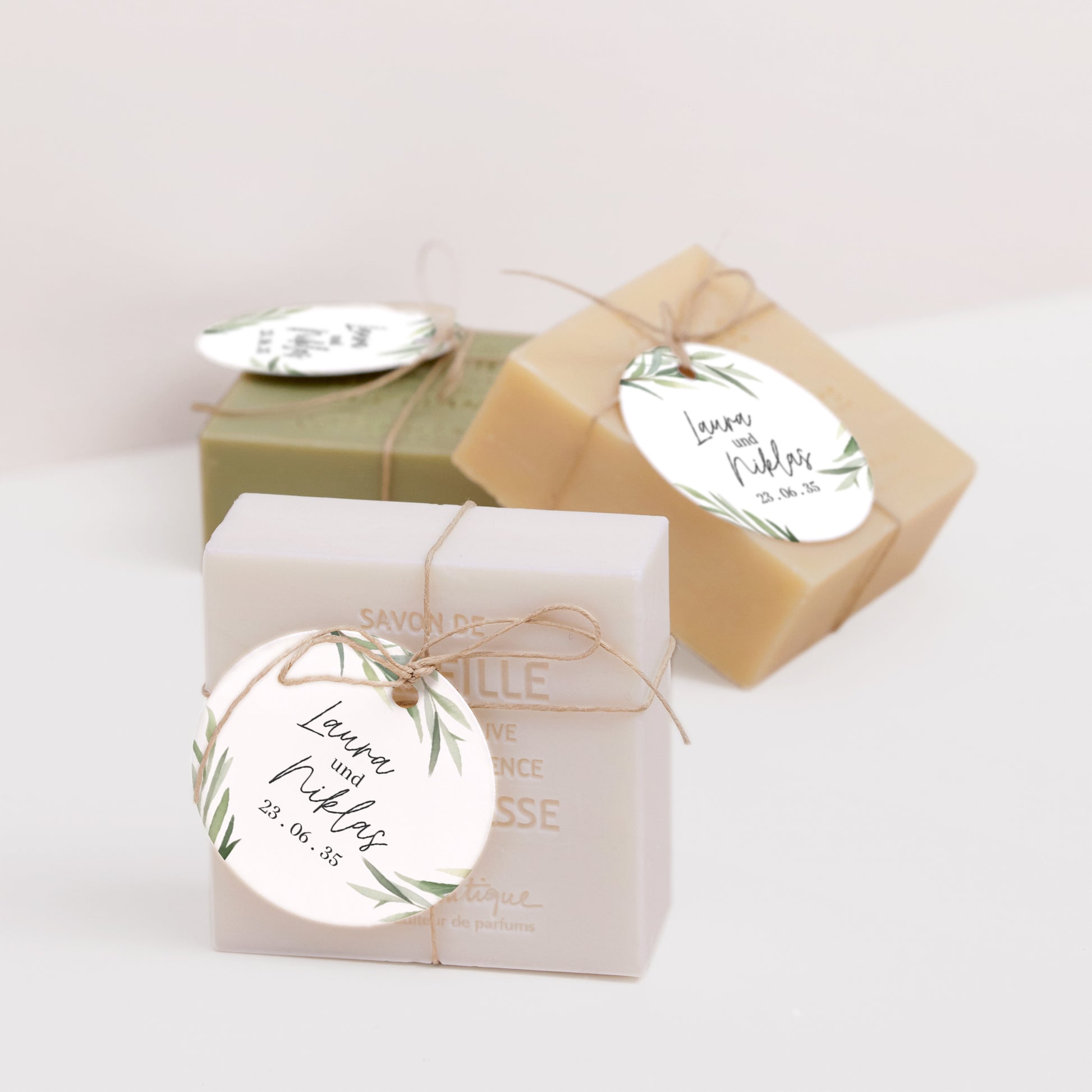 Vorgelochtes Etikett Hochzeit Runde Olivenblätter foto N° 2