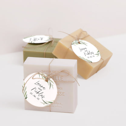 Vorgelochtes Etikett Hochzeit Runde Olivenblätter foto N° 2