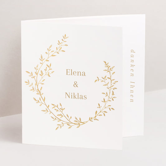 Dankeskarte Hochzeit Asymmetrisches Triptychon goldener Blumenkranz foto