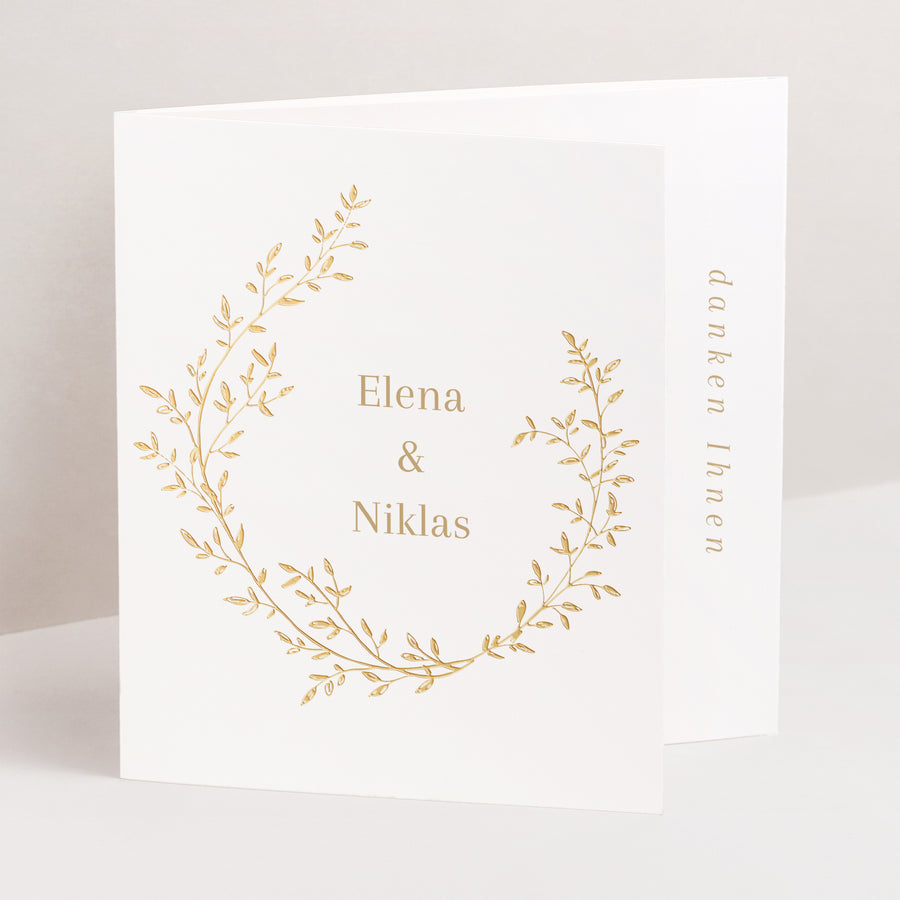 Dankeskarte Hochzeit Asymmetrisches Triptychon goldener Blumenkranz foto