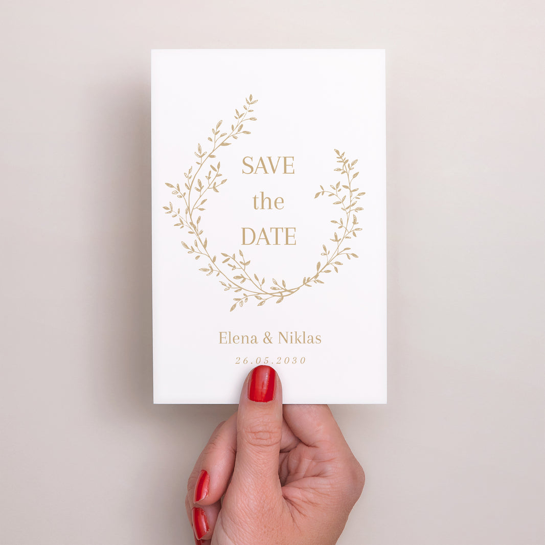 Save the date Karte Hochzeit PortraitPorträt goldener Blumenkranz foto N° 2