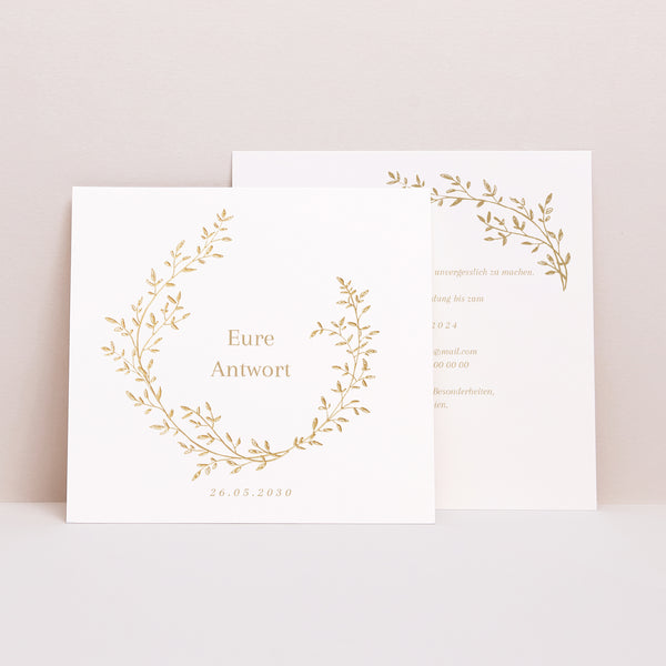 Antwortkarte Hochzeit Quadrat goldener Blumenkranz foto