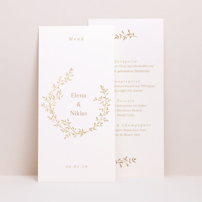 Menükarte Hochzeit Panoramatisches Porträt goldener Blumenkranz foto N° 1