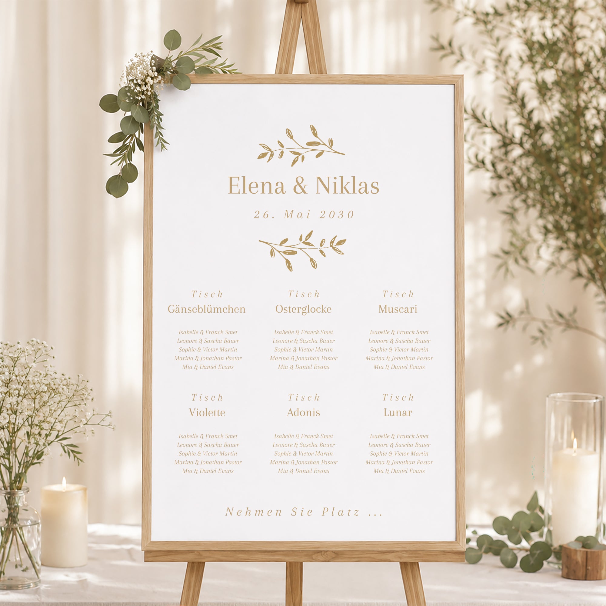 Sitzplan Hochzeit Porträt goldener Blumenkranz foto N° 1