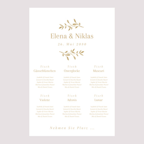 Sitzplan Hochzeit Porträt goldener Blumenkranz