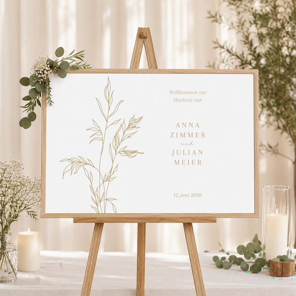 Begrüßungstafel Hochzeit Landschaft 90 x 60 cm schlichtes Laub goldfarben foto