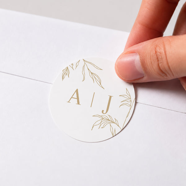 Sticker Hochzeit Rund schlichtes Laub goldfarben foto