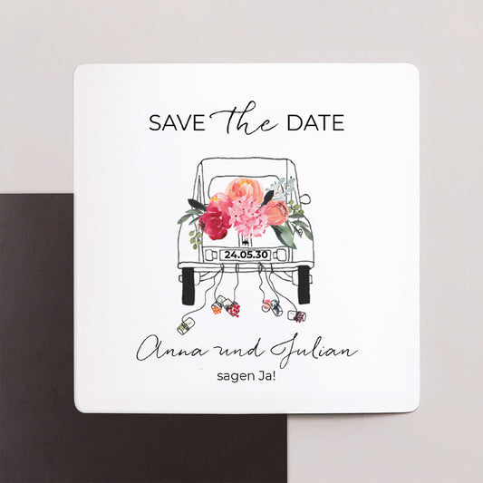 Save the date Karte Hochzeit Satz von 9, magnetisch. 2CV mit Blumen foto