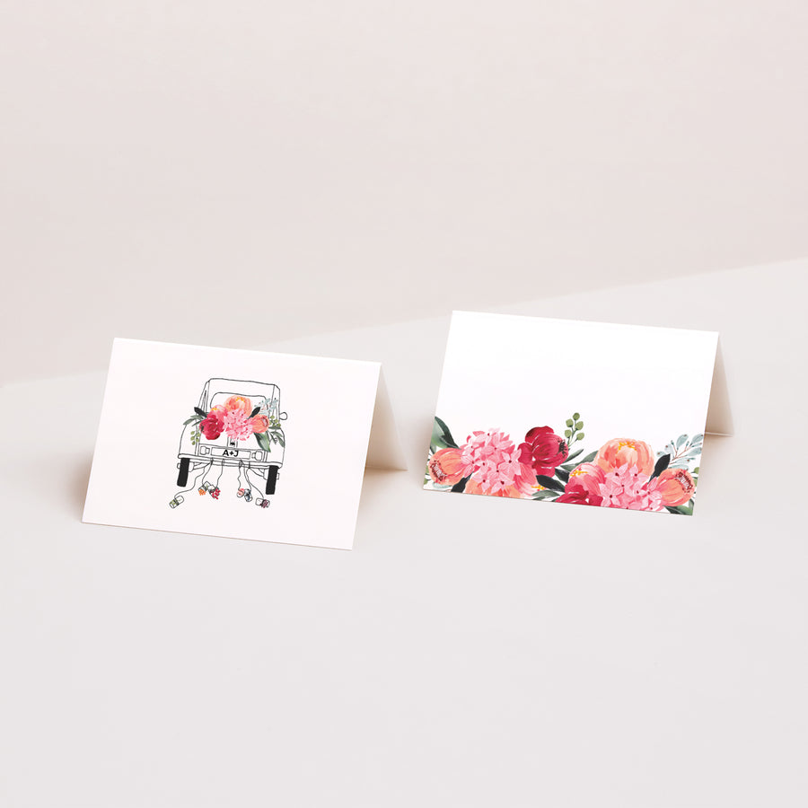 Tischkarten Hochzeit Quer 2CV mit Blumen foto