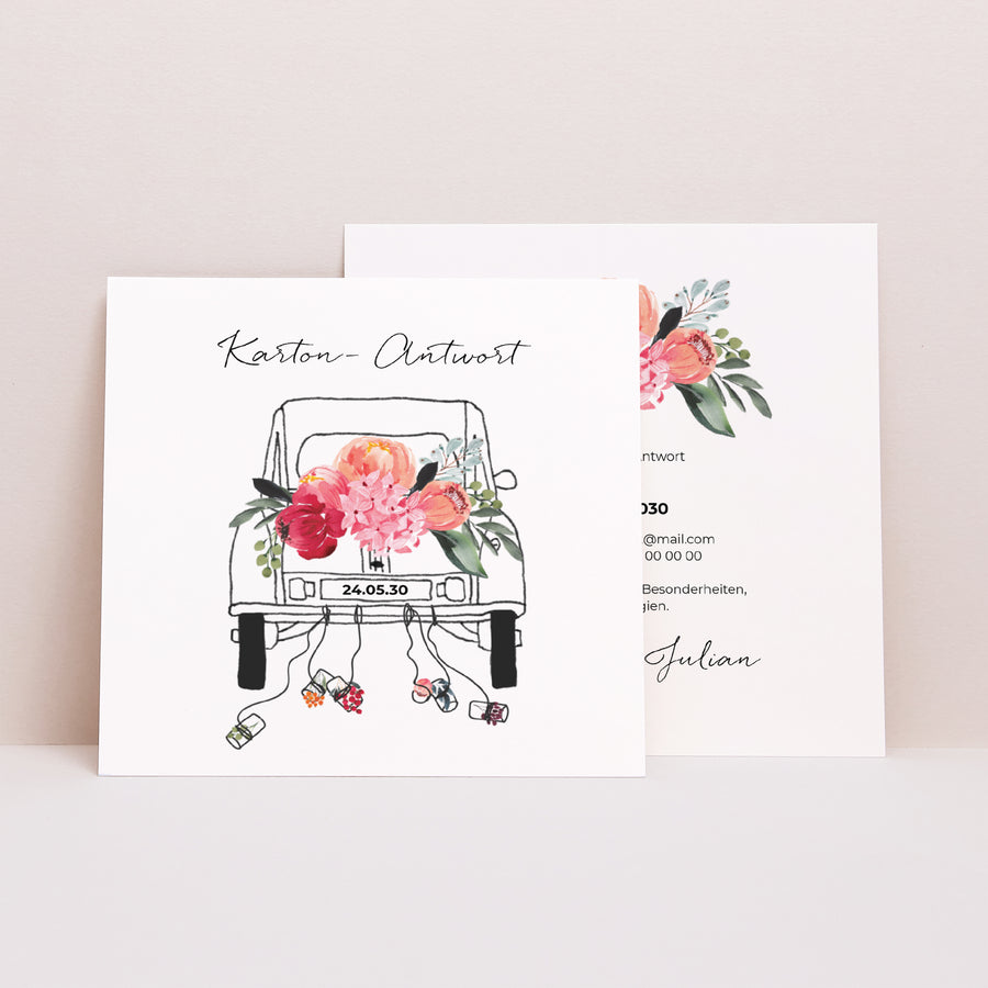 Antwortkarte Hochzeit Quadrat 2CV mit Blumen foto