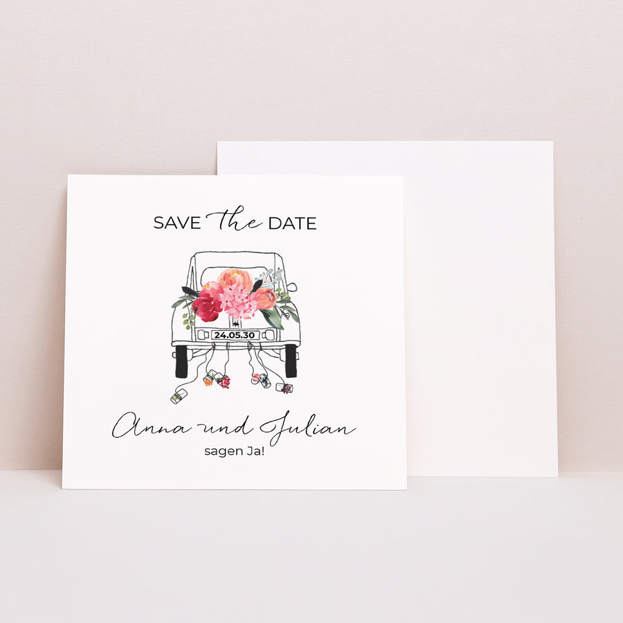 Save the date Karte Hochzeit Quadrat 2CV mit Blumen foto