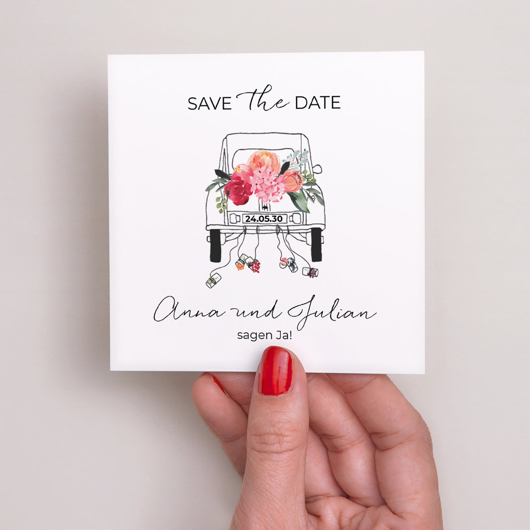 Save the date Karte Hochzeit Quadrat 2CV mit Blumen foto N° 2