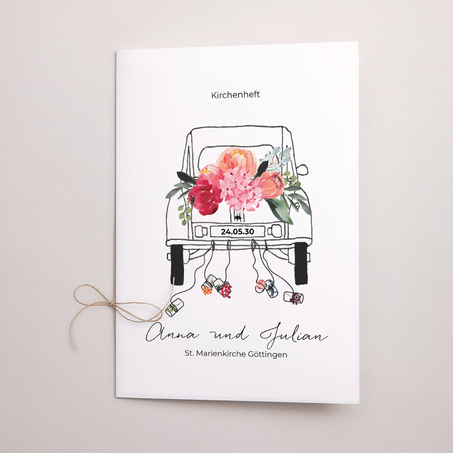 Kirchenheft Hochzeit Doppelflügel 2CV mit Blumen foto