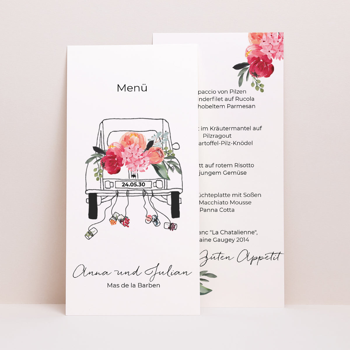 Menükarte Hochzeit Panoramatisches Porträt 2CV mit Blumen foto