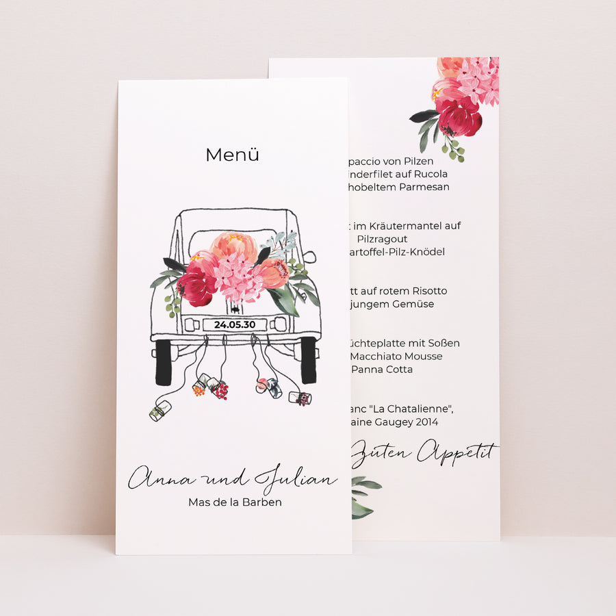 Menükarte Hochzeit Panoramatisches Porträt 2CV mit Blumen foto