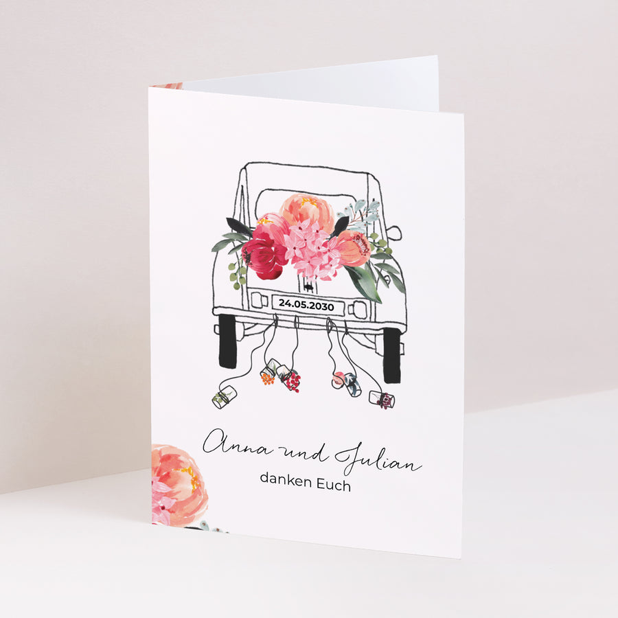 Dankeskarte Hochzeit Doppelflügelporträt 2CV mit Blumen foto