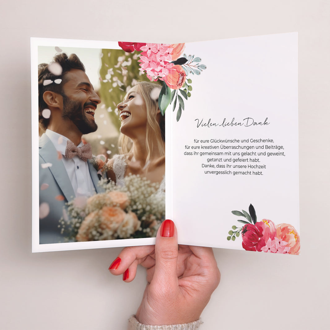 Dankeskarte Hochzeit Doppelflügelporträt 2CV mit Blumen foto N° 2