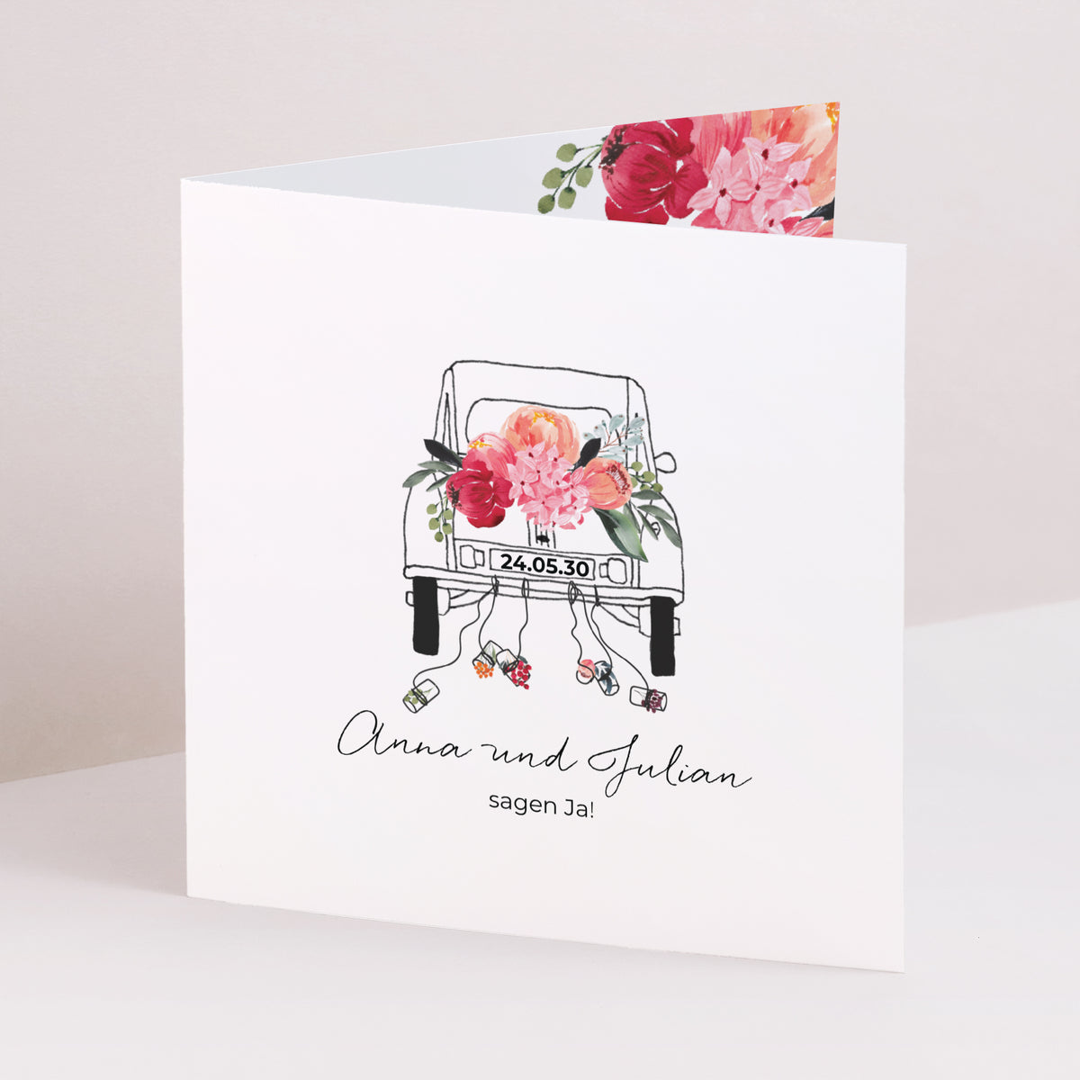 Hochzeitseinladung Doppelflügelfenster 2CV mit Blumen foto