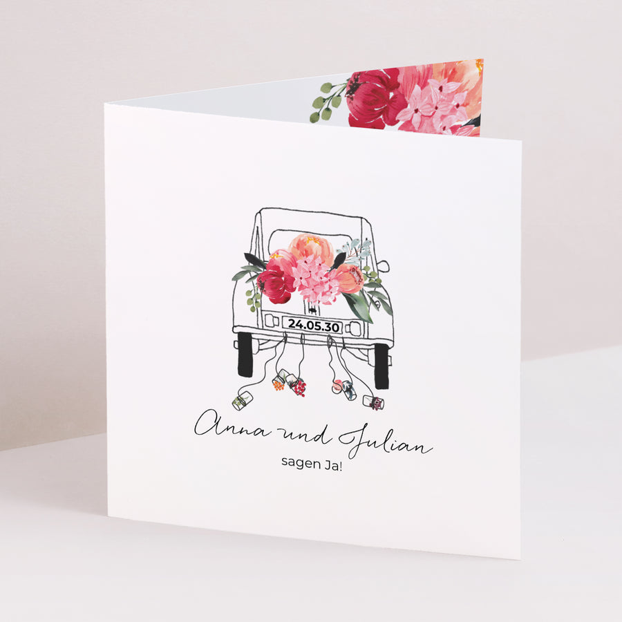 Hochzeitseinladung Doppelflügelfenster 2CV mit Blumen foto