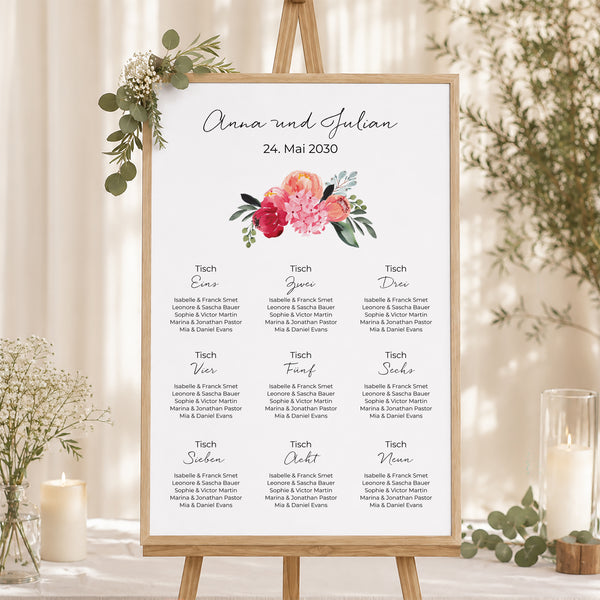 Sitzplan Hochzeit Porträt 2CV mit Blumen foto