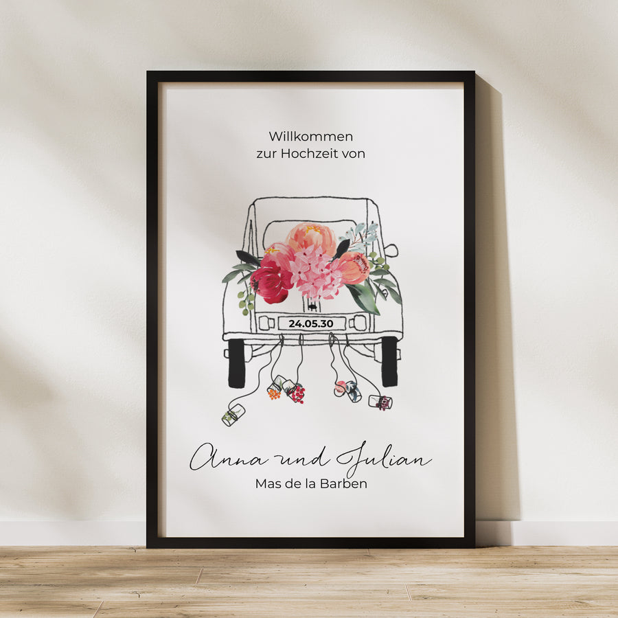 Begrüßungstafel Hochzeit Porträt 60 x 90 cm 2CV mit Blumen foto
