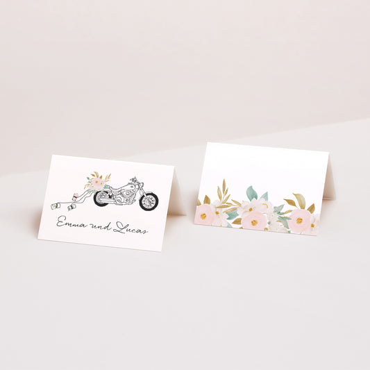 Tischkarten Hochzeit Quer Blumige Harley foto