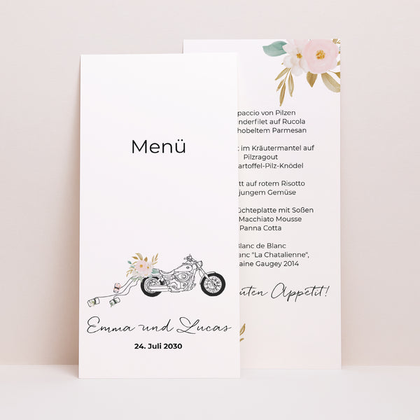 Menükarte Hochzeit Panoramatisches Porträt Blumige Harley foto