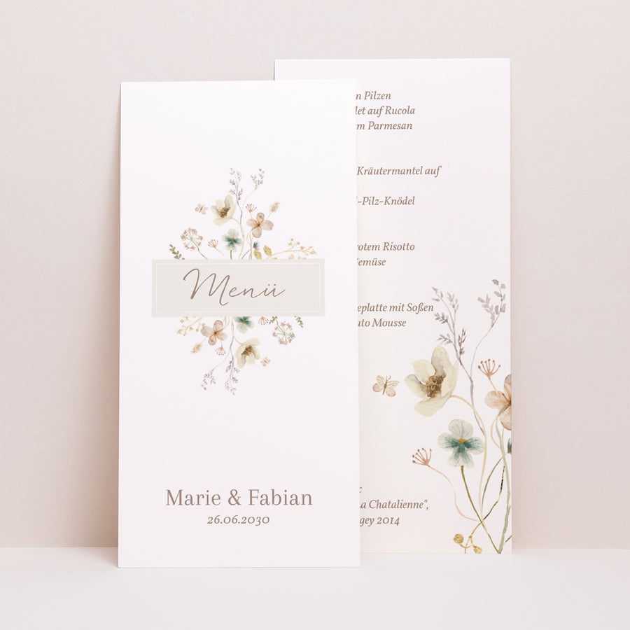Menükarte Hochzeit Panoramatisches Porträt Wildblumen III foto