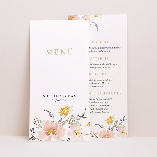 Menükarte Hochzeit Panoramatisches Porträt Pop-Blumen foto