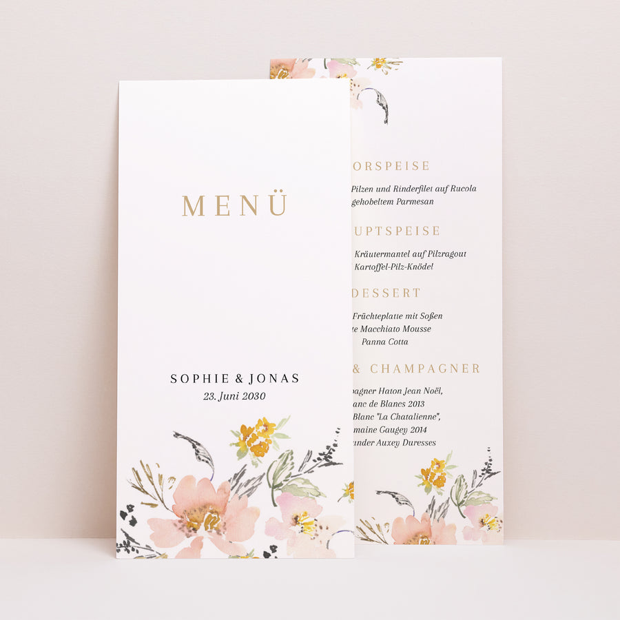 Menükarte Hochzeit Panoramatisches Porträt Pop-Blumen foto