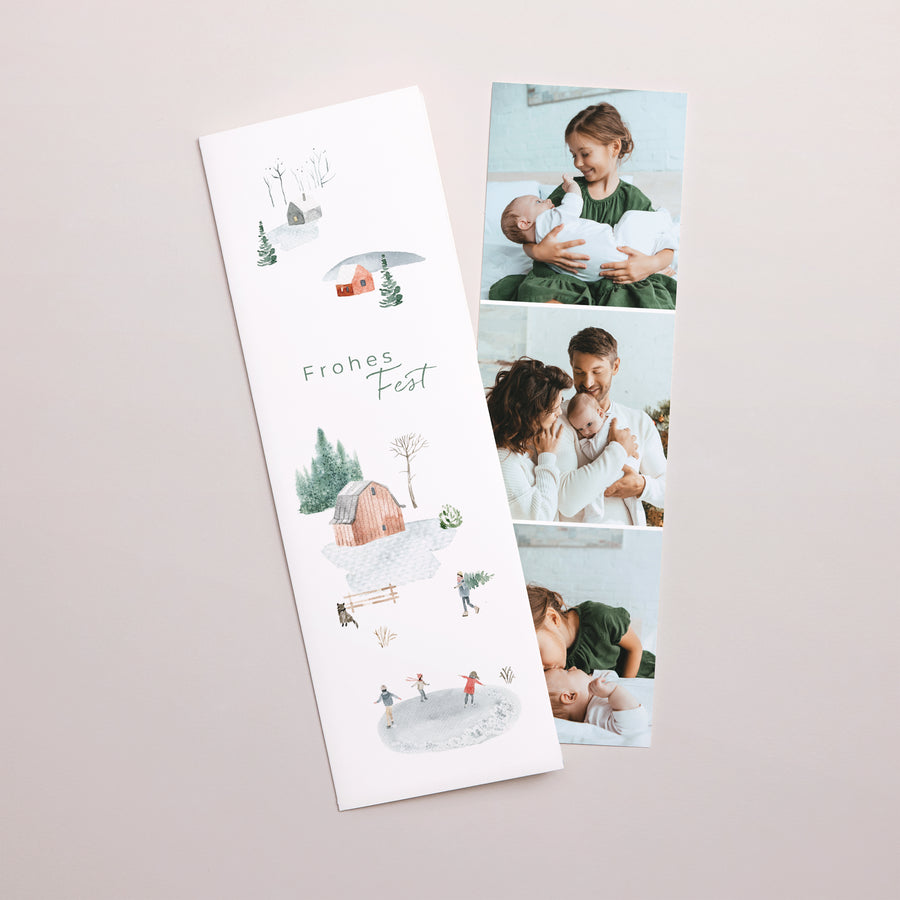 Weihnachtskarte Weihnachten Fotoautomaten Lesezeichen Verschneites Dorf foto