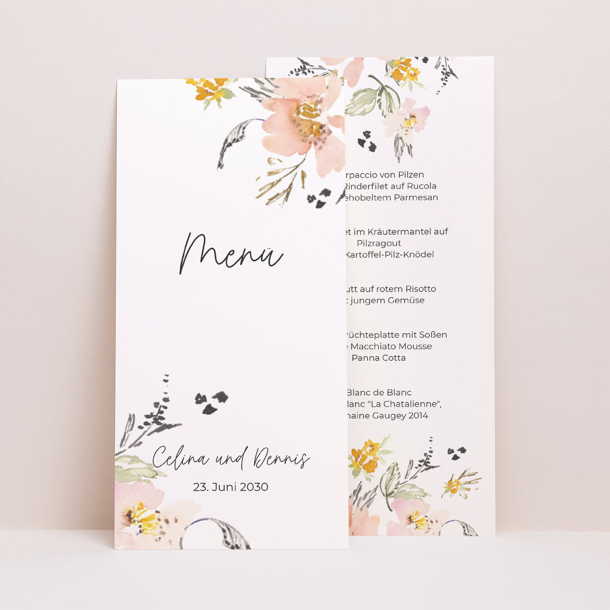 Menükarte Hochzeit Panoramatisches Porträt Blumen Pop II foto