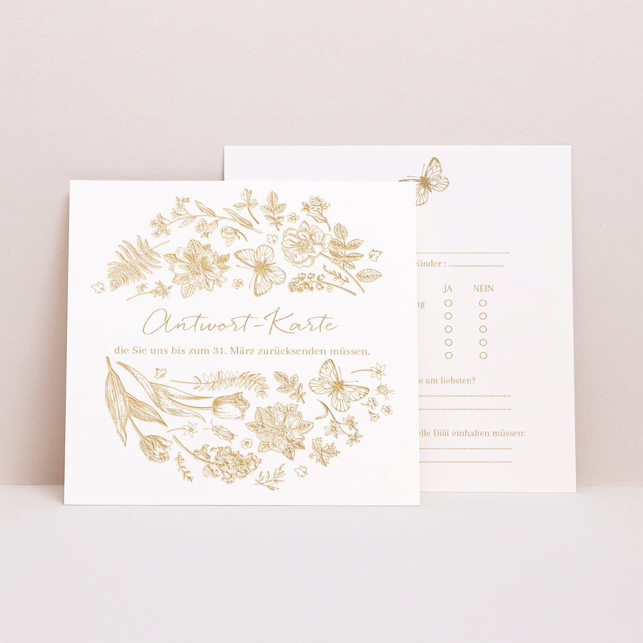 Antwortkarte Hochzeit Quadrat Goldenes Herbarium foto