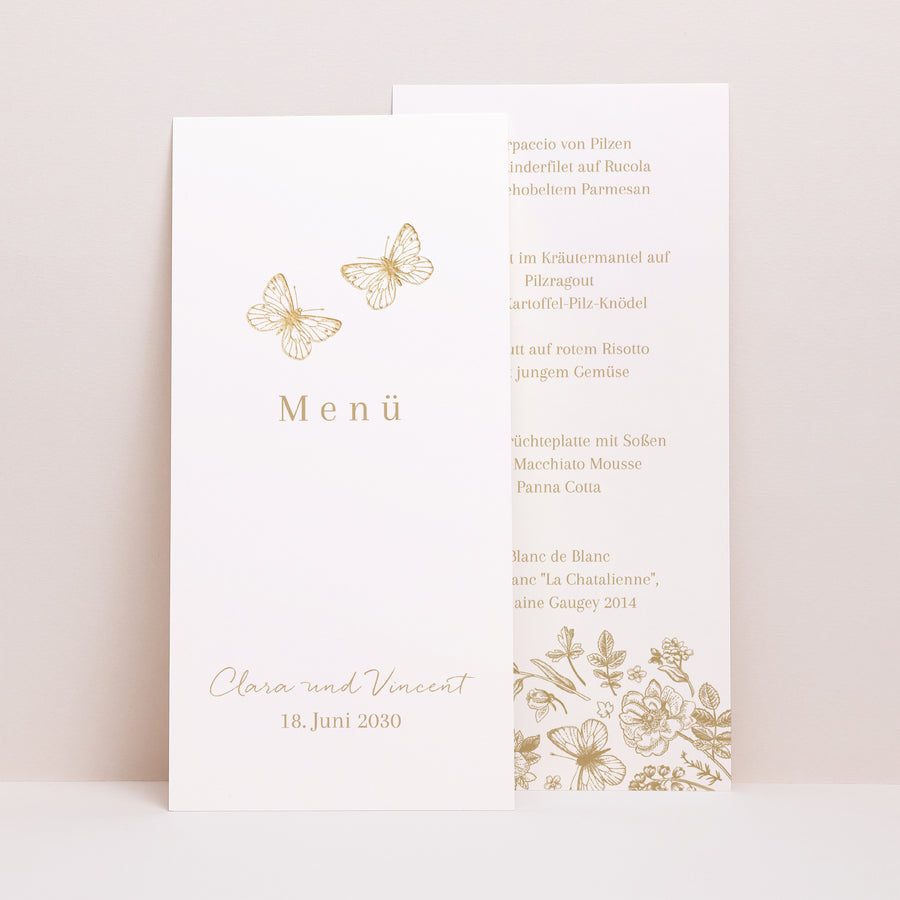 Menükarte Hochzeit Panoramatisches Porträt Goldenes Herbarium foto