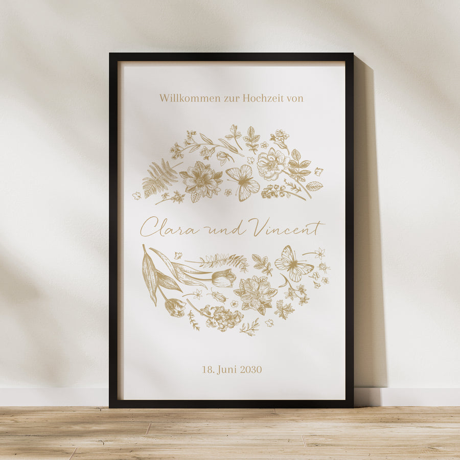 Begrüßungstafel Hochzeit Porträt 60 x 90 cm Goldenes Herbarium foto