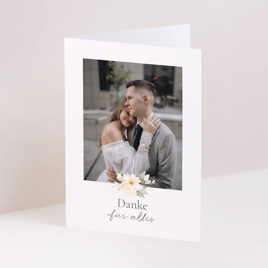 Dankeskarte Hochzeit Doppelflügelporträt Romantischer Blumenstrauß foto
