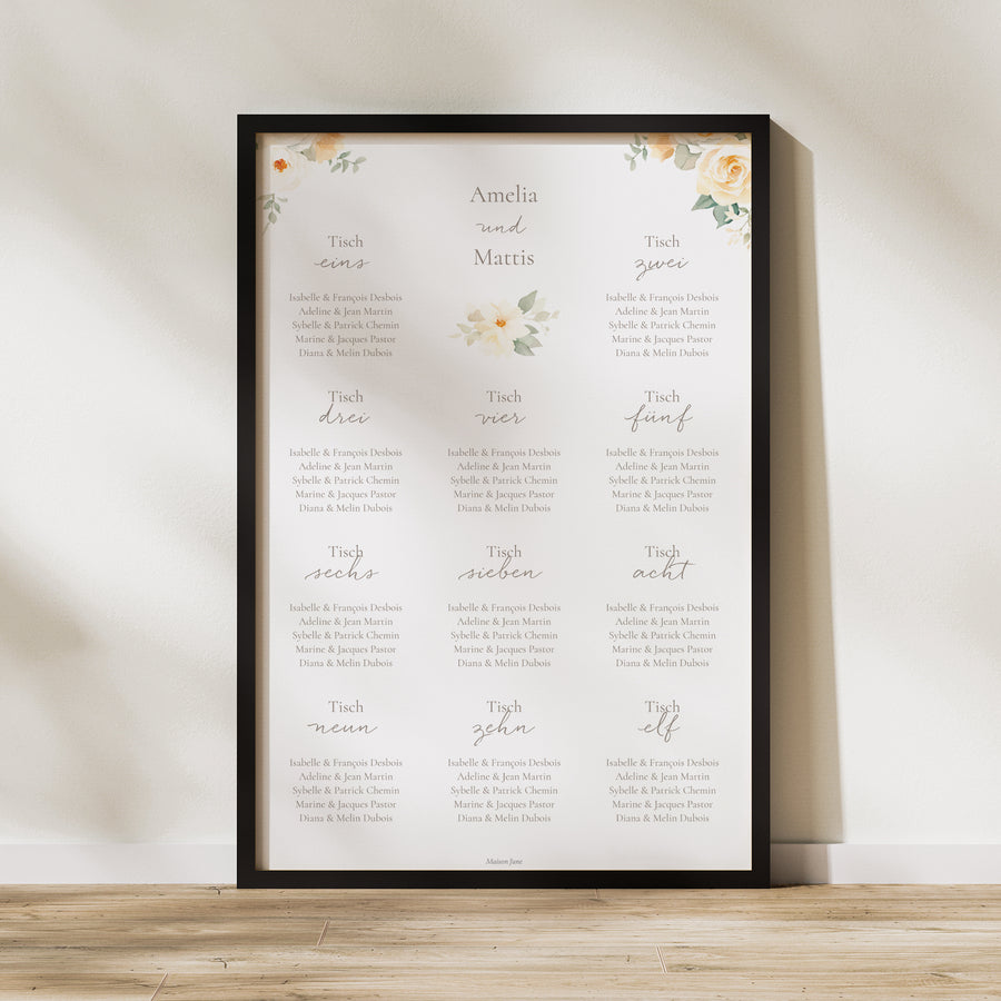 Sitzplan Hochzeit Porträt Romantischer Blumenstrauß foto