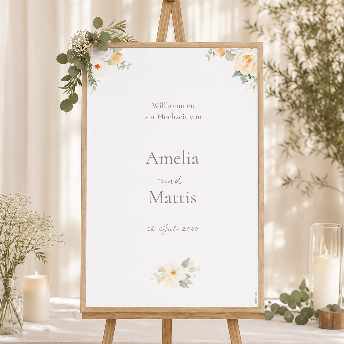 Begrüßungstafel Hochzeit Porträt 60 x 90 cm Romantischer Blumenstrauß foto