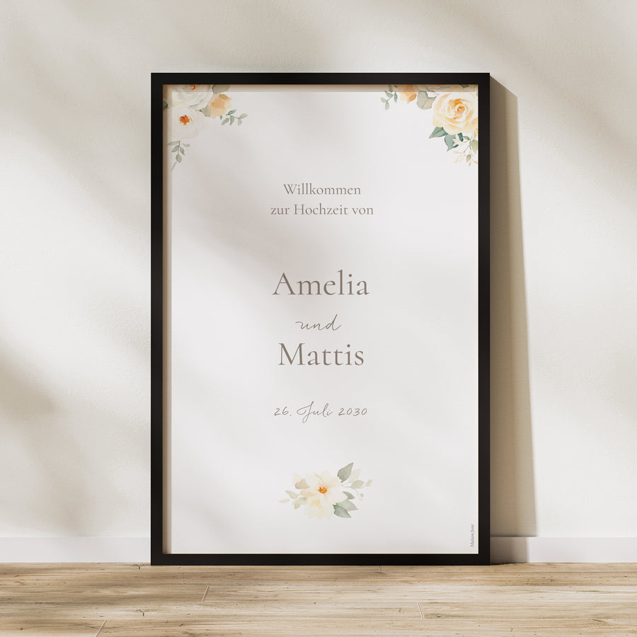 Begrüßungstafel Hochzeit Porträt 60 x 90 cm Romantischer Blumenstrauß foto
