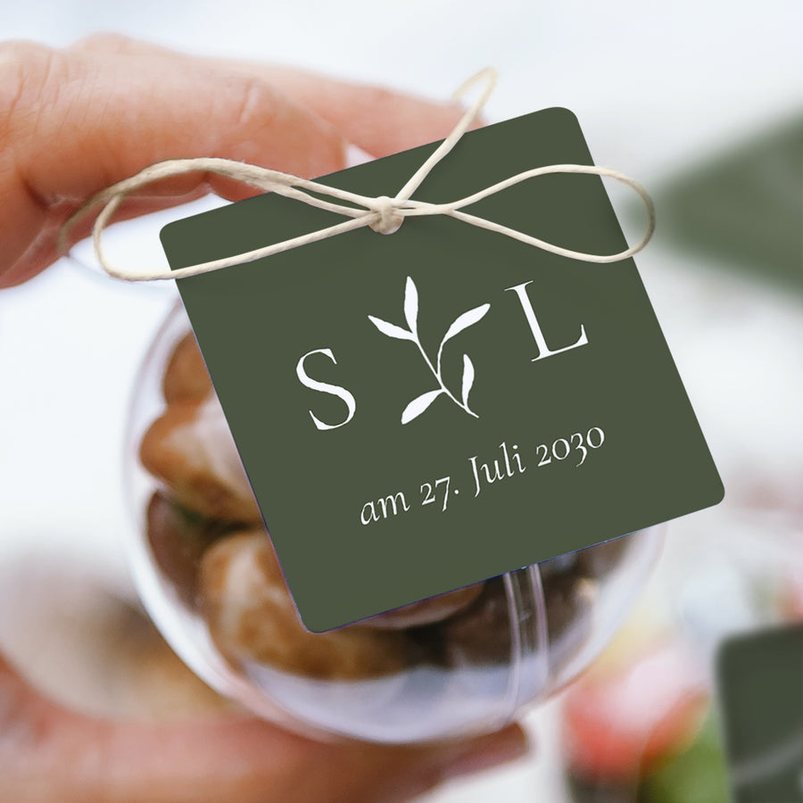 Geschenkbox Hochzeit Kugel mit quadratischem Etikett Romantischer Zweig III foto