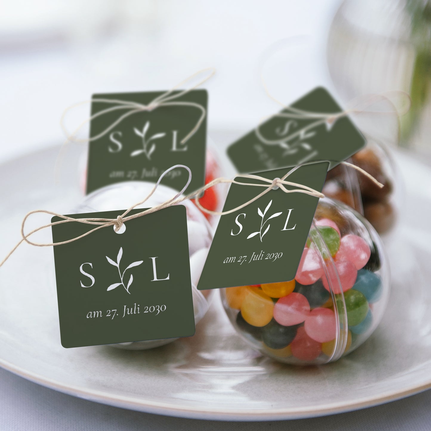 Geschenkbox Hochzeit Kugel mit quadratischem Etikett Romantischer Zweig III foto N° 2