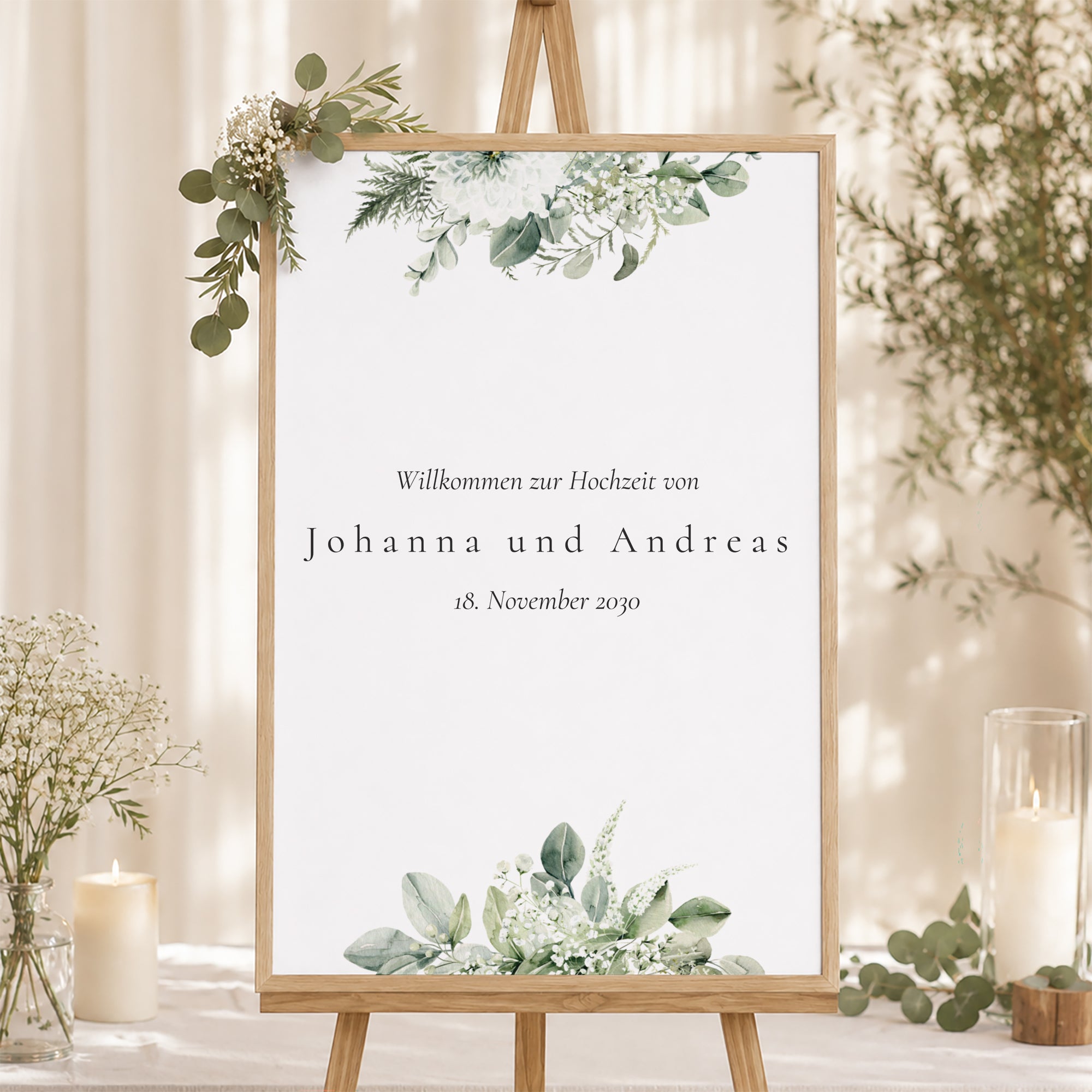 Begrüßungstafel Hochzeit Porträt 60 x 90 cm Pflanzliche Einrahmung foto N° 1