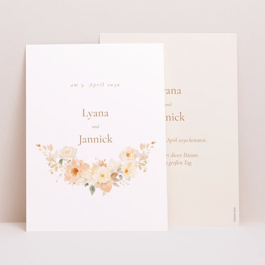 Save the date Karte Hochzeit Porträt Blumiges Täschchen foto