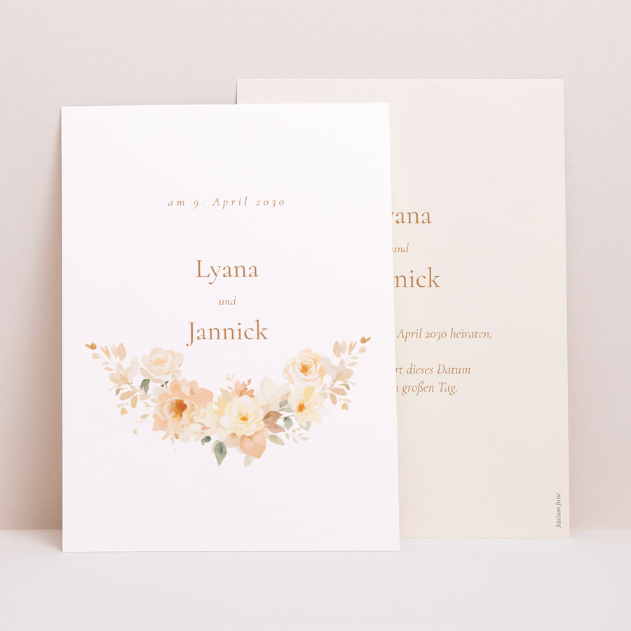 Save the date Karte Hochzeit Porträt Blumiges Täschchen foto