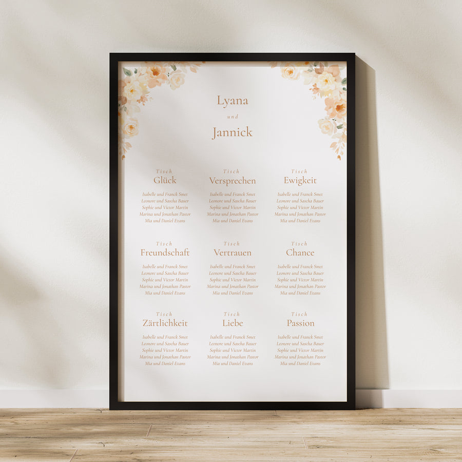 Sitzplan Hochzeit Porträt Blumiges Täschchen foto