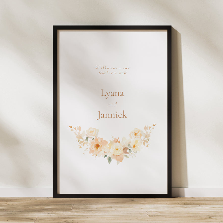 Begrüßungstafel Hochzeit Porträt 60 x 90 cm Blumiges Täschchen foto